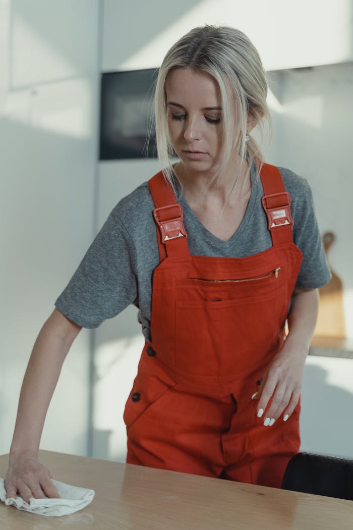 services-01 Blonde woman in red overalls sanitizing a wooden table indoors, showcasing home cleaning service.